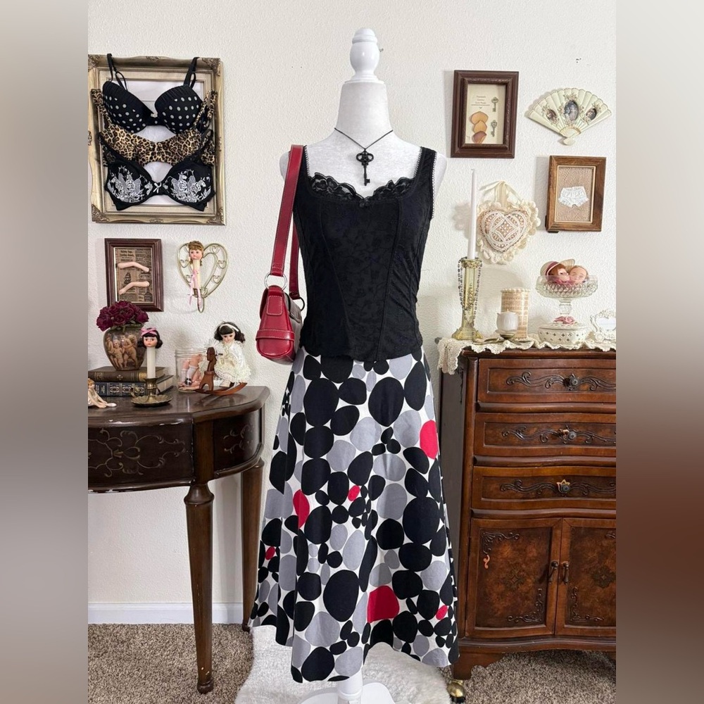 y2k quirky weird girl whimsical polkadot midi skirt